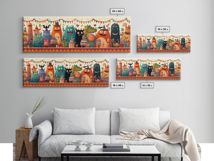 The Friendly Monster Market, Retro Halloween Art, Extra Wide Wall Art, Canvas Print, Cute Halloween Wall Art