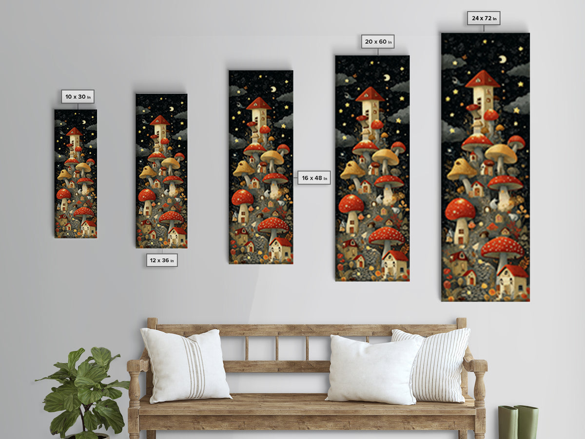 The Lantern-Lit Mushroom Village, Screenprint Halloween Art, Tall Narrow Wall Art, Framed Canvas Print, Cute Halloween Wall Art