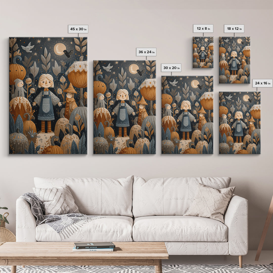 The Starry Pumpkin Farm, Folk Halloween Art, Vertical Wall Art, Canvas Print, Cute Halloween Wall Art