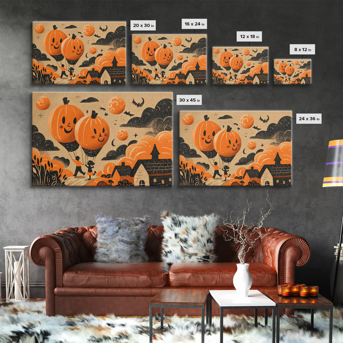 The Pumpkin Balloon Parade, Linocut Halloween Art, Landscape Wall Art, Framed Canvas Print, Cute Halloween Wall Art