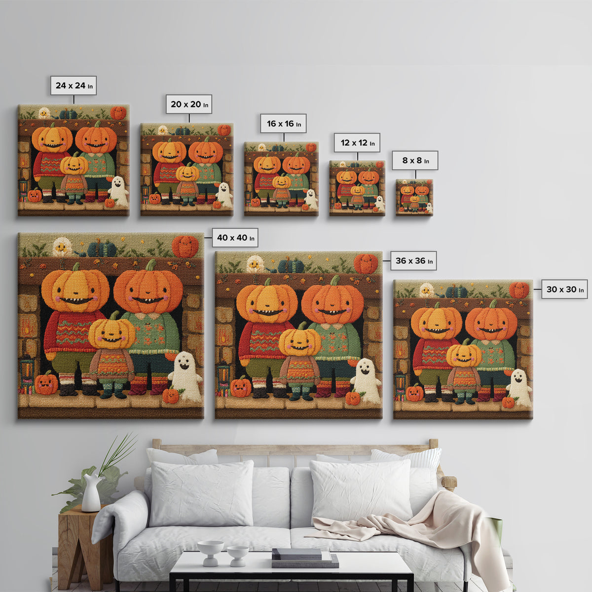 The Pumpkin Family Portrait, Embroidered Halloween Art, Square Wall Art, Canvas Print, Cute Halloween Wall Art