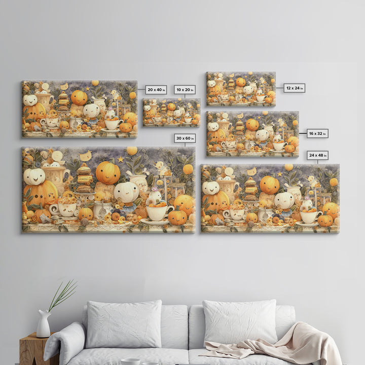 The Pumpkin Tea Party, Quilled Halloween Art, Wide Panoramic Art, Framed Canvas Print, Cute Halloween Wall Art