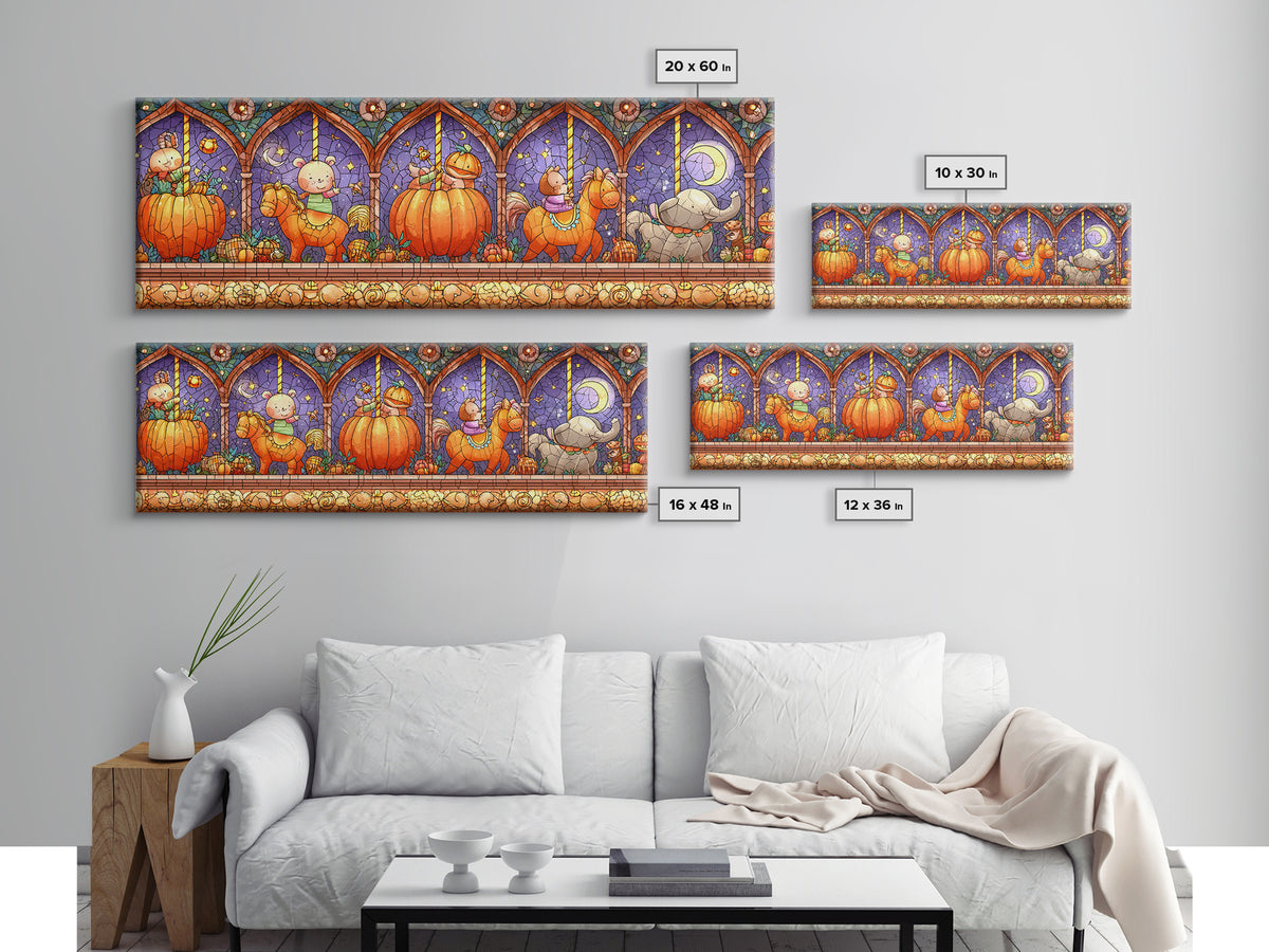 The Pumpkin Carousel, Stained Glass Halloween, Extra Wide Wall Art, Canvas Print, Cute Halloween Wall Art