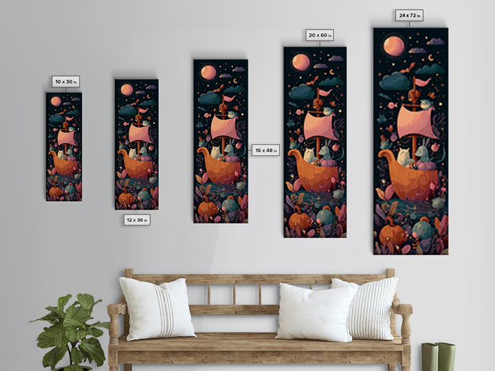 The Pumpkin Sailboat, Vaporwave Halloween Art, Tall Narrow Wall Art, Framed Canvas Print, Cute Halloween Wall Art