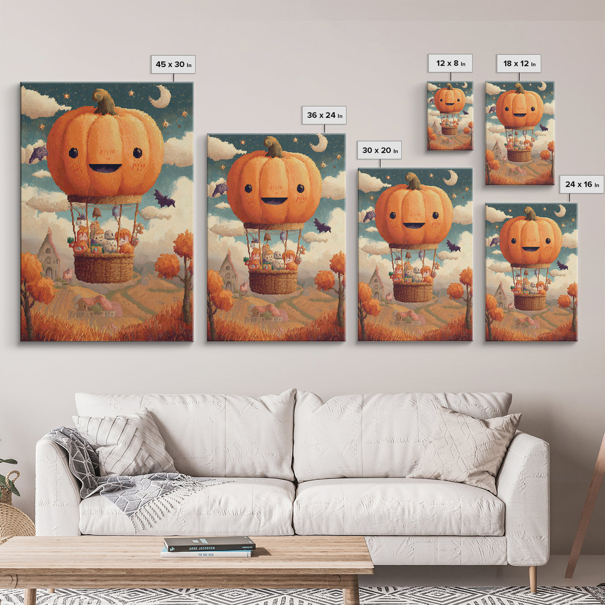The Pumpkin Hot-Air Balloon, Pixel Halloween Art, Vertical Wall Art, Canvas Print, Cute Halloween Wall Art