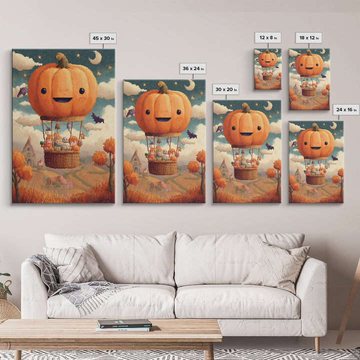 The Pumpkin Hot-Air Balloon, Pixel Halloween Art, Vertical Wall Art, Canvas Print, Cute Halloween Wall Art