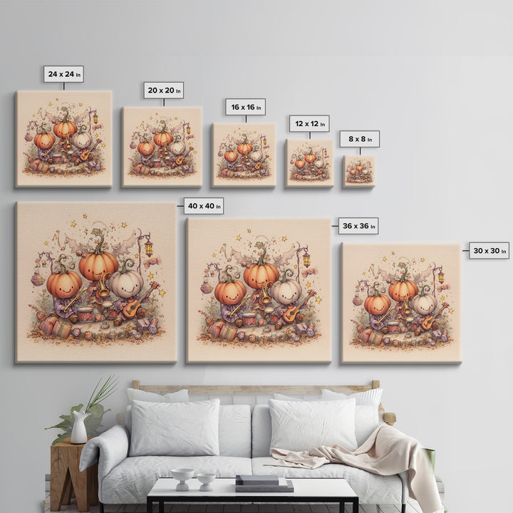 The Pumpkin Music Band, Hand Sketch Halloween Art, Square Wall Art, Canvas Print, Cute Halloween Wall Art
