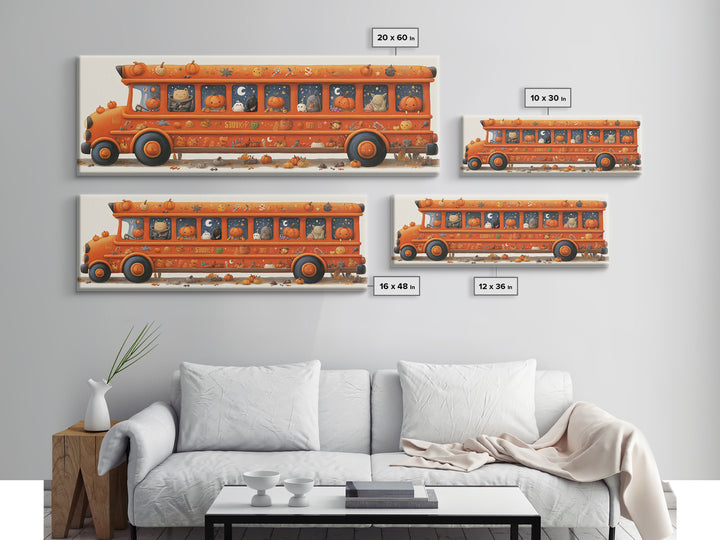 The Pumpkin School Bus, Gouache Halloween Art, Extra Wide Wall Art, Canvas Print, Cute Halloween Wall Art