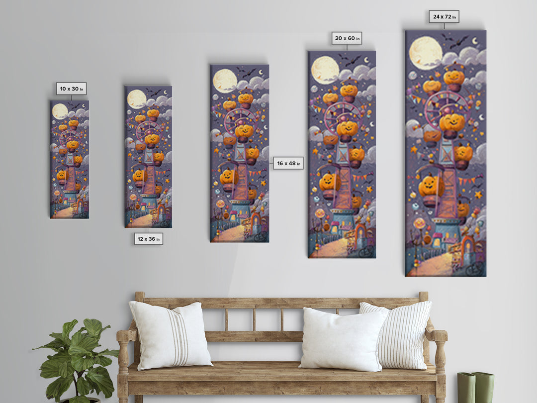 The Pumpkin Ferris Wheel, Crayon Halloween Art, Tall Narrow Wall Art, Framed Canvas Print, Cute Halloween Wall Art