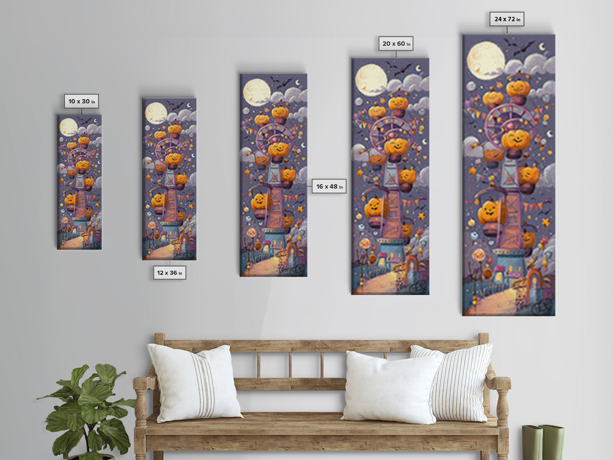 The Pumpkin Ferris Wheel, Crayon Halloween Art, Tall Narrow Wall Art, Framed Canvas Print, Cute Halloween Wall Art