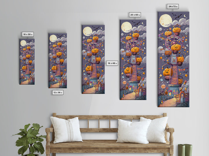 The Pumpkin Ferris Wheel, Crayon Halloween Art, Tall Narrow Wall Art, Framed Canvas Print, Cute Halloween Wall Art