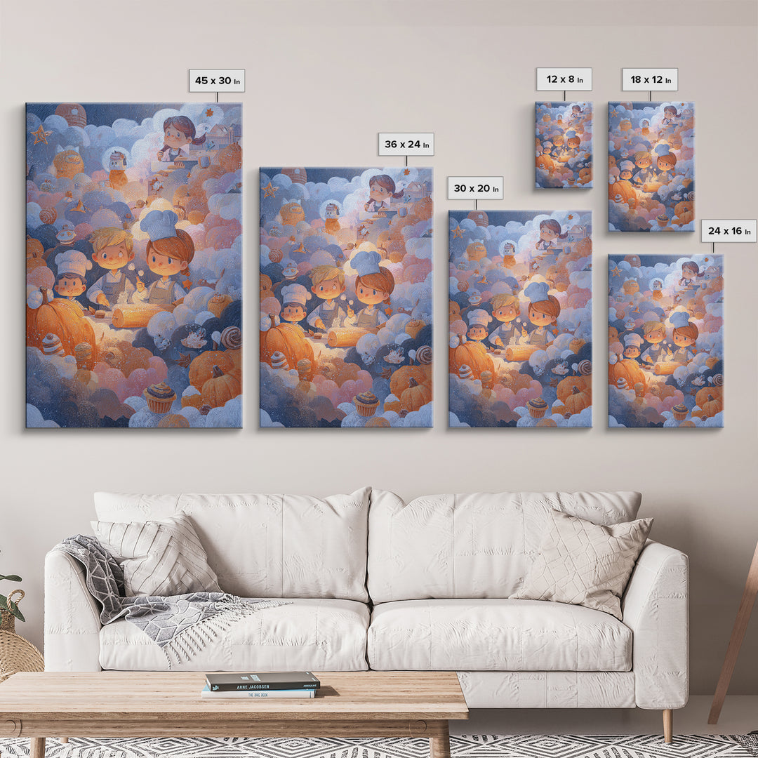 The Pumpkin Bakery, Pastel Halloween Art, Vertical Wall Art, Canvas Print, Cute Halloween Wall Art, Whimsical Nursery Decor