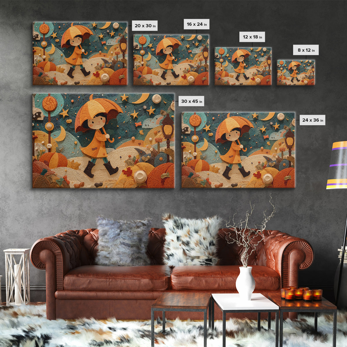 The Pumpkin Umbrella, Paper Collage Halloween, Landscape Wall Art, Framed Canvas Print, Cute Halloween Wall Art
