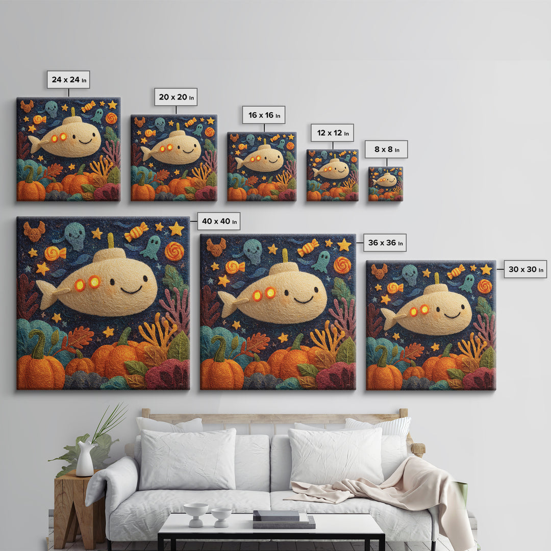 The Pumpkin Submarine, Felt Halloween Art, Square Wall Art, Canvas Print, Cute Halloween Wall Art, Halloween Kids Decor