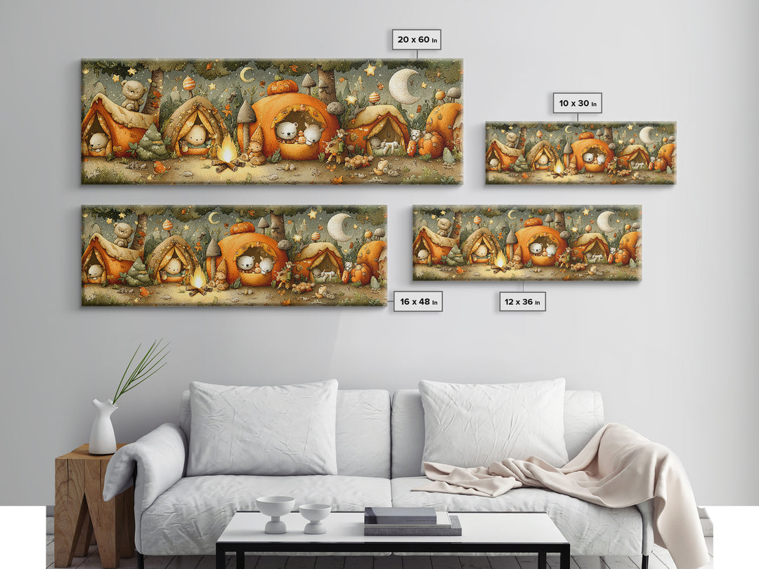 The Pumpkin Campout, Plush Halloween Art, Extra Wide Wall Art, Canvas Print, Cute Halloween Wall Art
