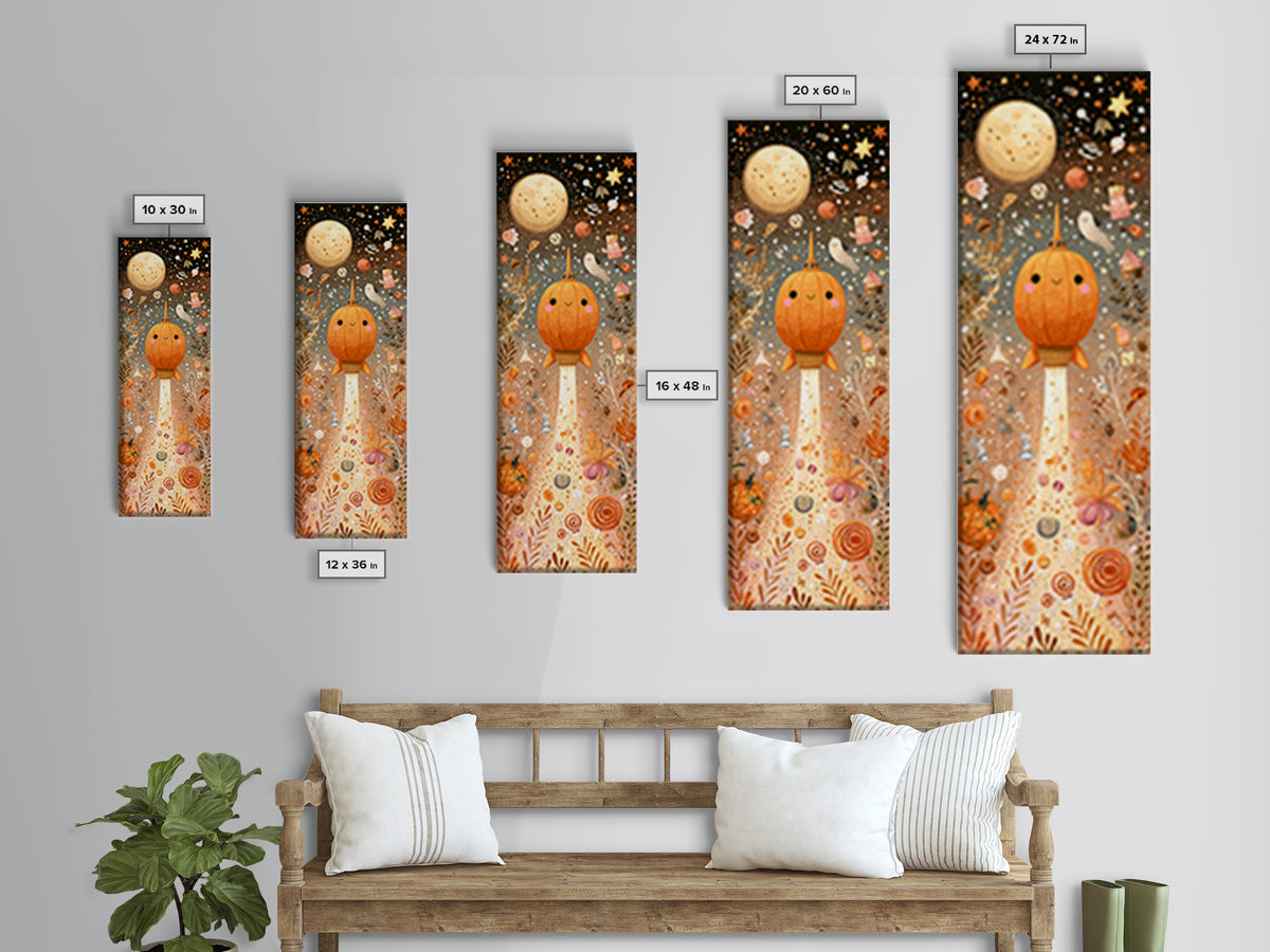 The Pumpkin Rocket Ship, Kawaii Halloween Art, Tall Narrow Wall Art, Framed Canvas Print, Cute Halloween Wall Art