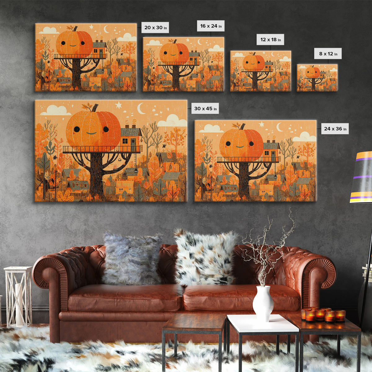 The Pumpkin Treehouse, Screenprint Halloween Art, Landscape Wall Art, Framed Canvas Print, Cute Halloween Wall Art