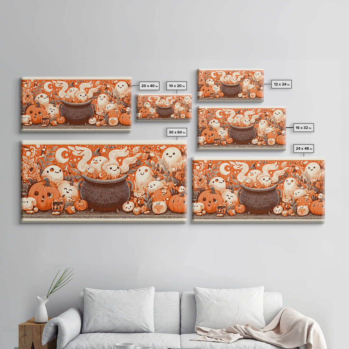 The Cookie Cauldron, Linocut Halloween Art, Wide Panoramic Art, Framed Canvas Print, Cute Halloween Wall Art