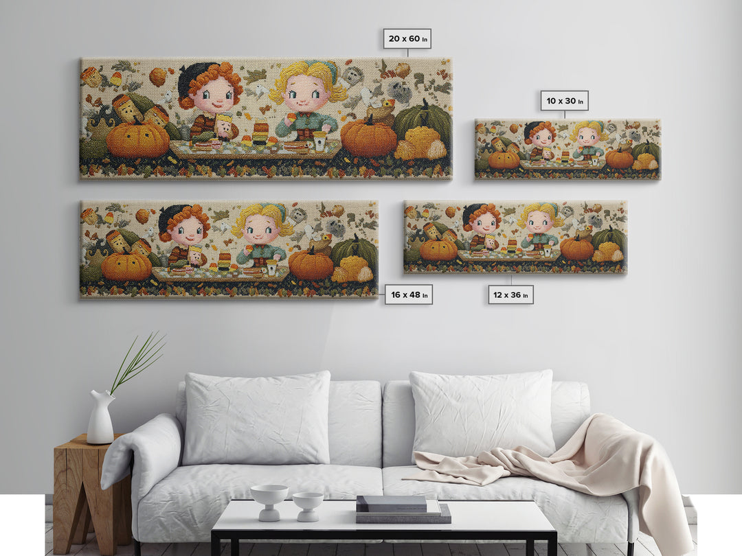 The Candy Corn Picnic, Embroidered Halloween Art, Extra Wide Wall Art, Canvas Print, Cute Halloween Wall Art