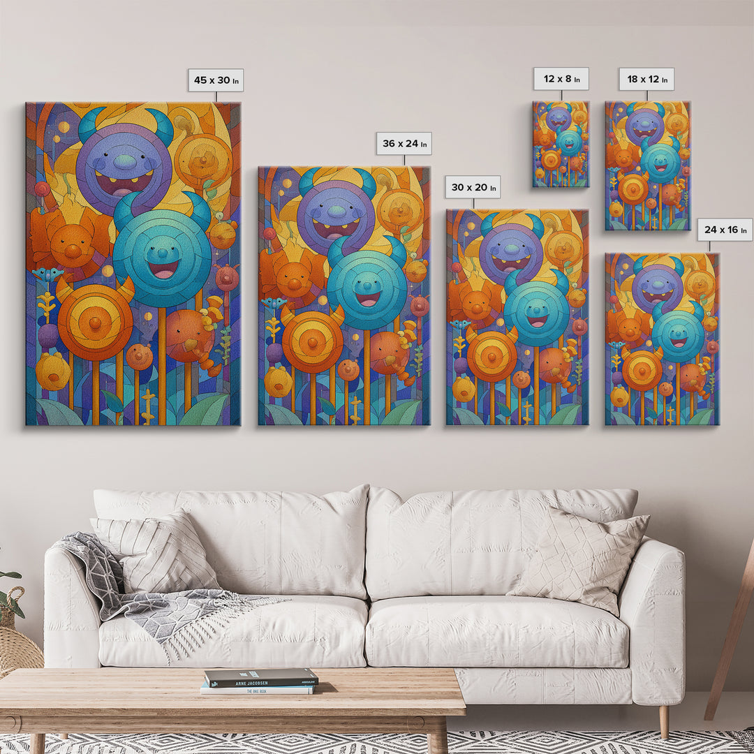 The Friendly Lollipop Monsters, Stained Glass Halloween, Vertical Wall Art, Canvas Print, Cute Halloween Wall Art