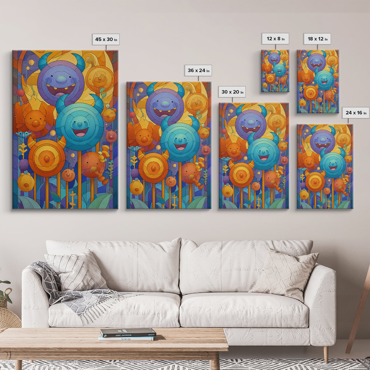 The Friendly Lollipop Monsters, Stained Glass Halloween, Vertical Wall Art, Canvas Print, Cute Halloween Wall Art