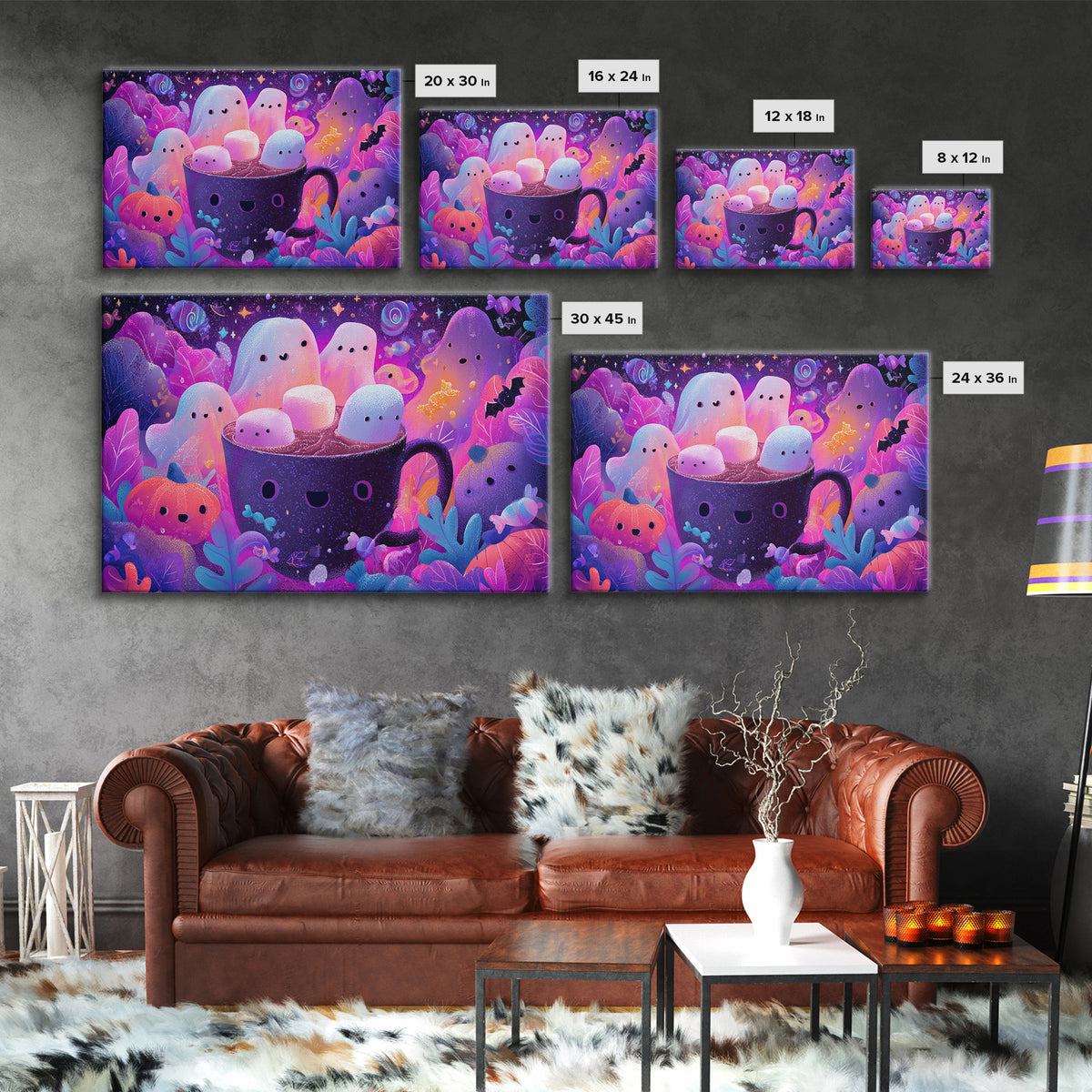 The Marshmallow Ghost Choir, Vaporwave Halloween Art, Landscape Wall Art, Framed Canvas Print, Cute Halloween Wall Art