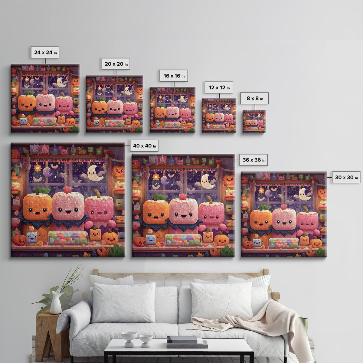 The Donut Vampire Family, Pixel Halloween Art, Square Wall Art, Canvas Print, Cute Halloween Wall Art