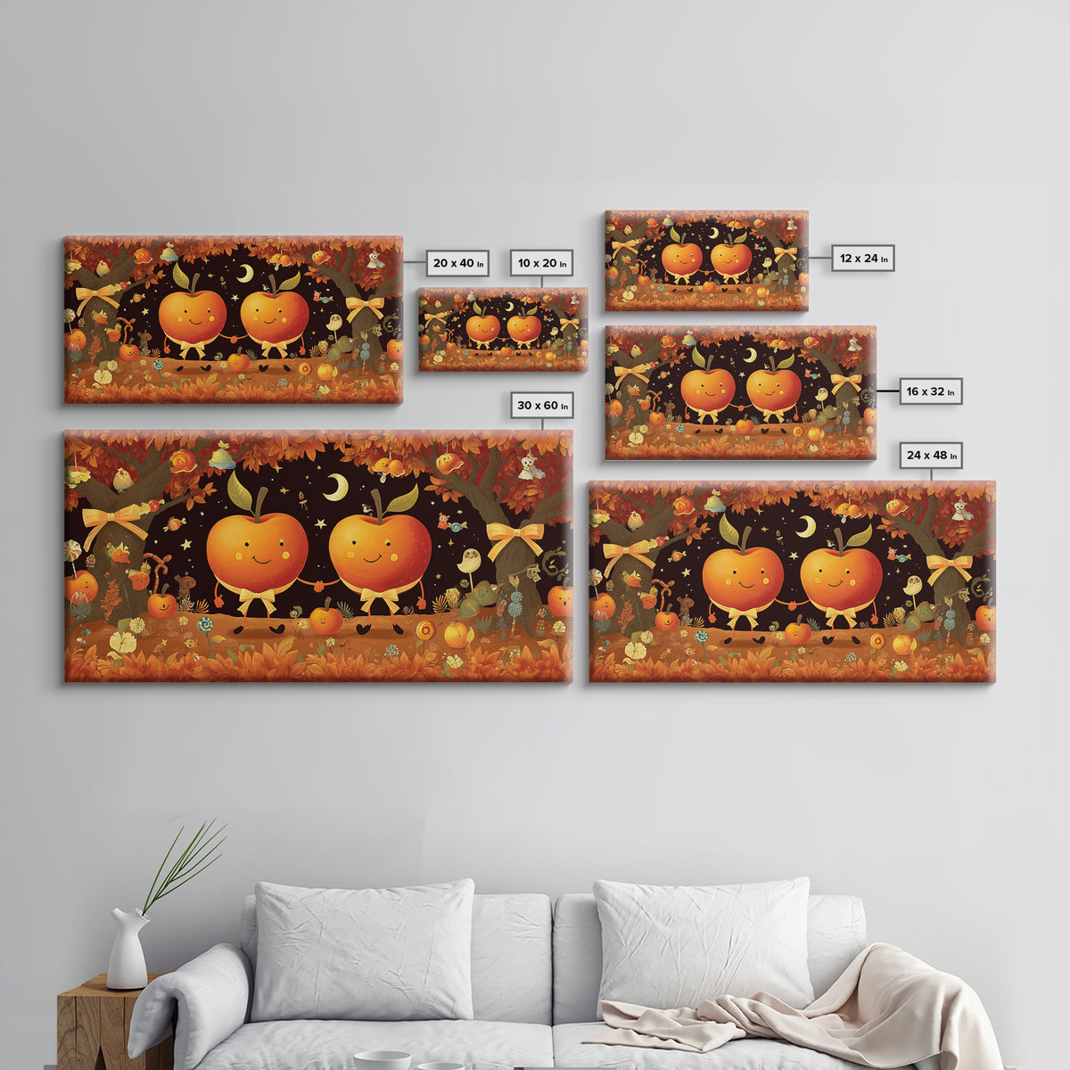The Caramel Apple Friends, Vector Halloween Art, Wide Panoramic Art, Framed Canvas Print, Cute Halloween Wall Art