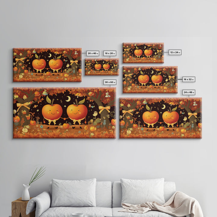 The Caramel Apple Friends, Vector Halloween Art, Wide Panoramic Art, Framed Canvas Print, Cute Halloween Wall Art