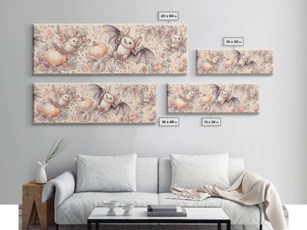 The Gummy Bat Garden, Hand Sketch Halloween Art, Extra Wide Wall Art, Canvas Print, Cute Halloween Wall Art