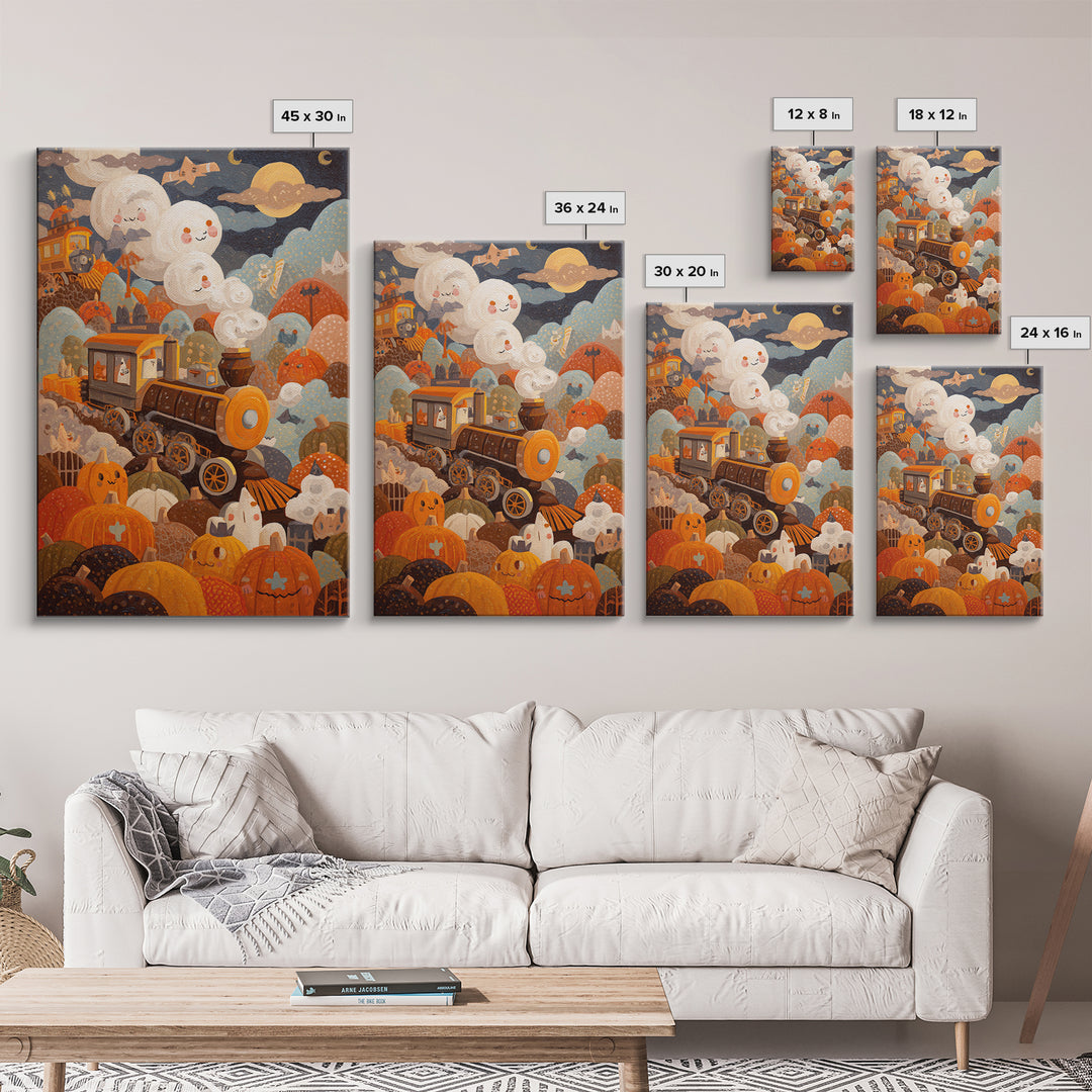 The Chocolate Pumpkin Train, Gouache Halloween Art, Vertical Wall Art, Canvas Print, Cute Halloween Wall Art