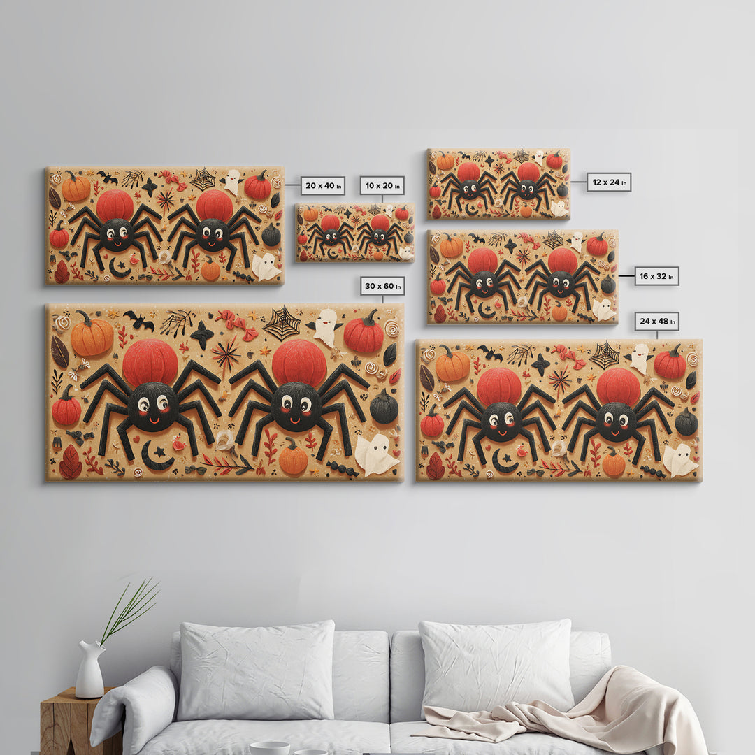 The Licorice Spider Family, Paper Collage Halloween, Wide Panoramic Art, Framed Canvas Print, Cute Halloween Wall Art