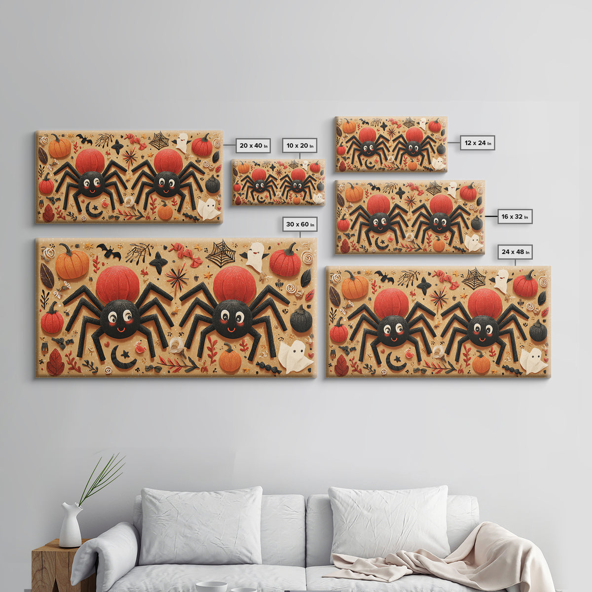 The Licorice Spider Family, Paper Collage Halloween, Wide Panoramic Art, Framed Canvas Print, Cute Halloween Wall Art