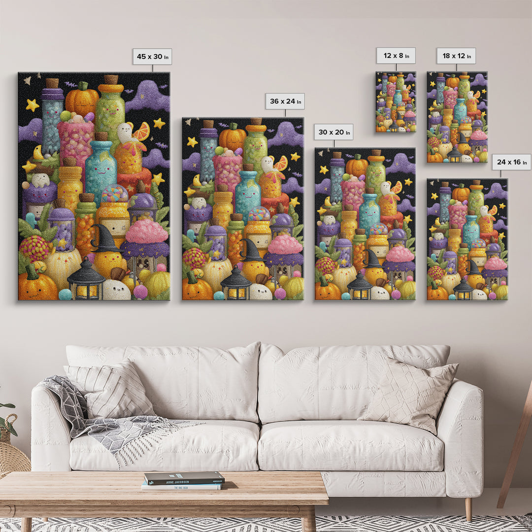 The Jellybean Potion Shop, Plush Halloween Art, Vertical Wall Art, Canvas Print, Cute Halloween Wall Art