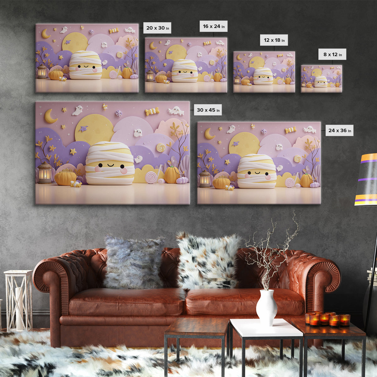 The Popcorn Mummy, Kawaii Halloween Art, Landscape Wall Art, Framed Canvas Print, Cute Halloween Wall Art