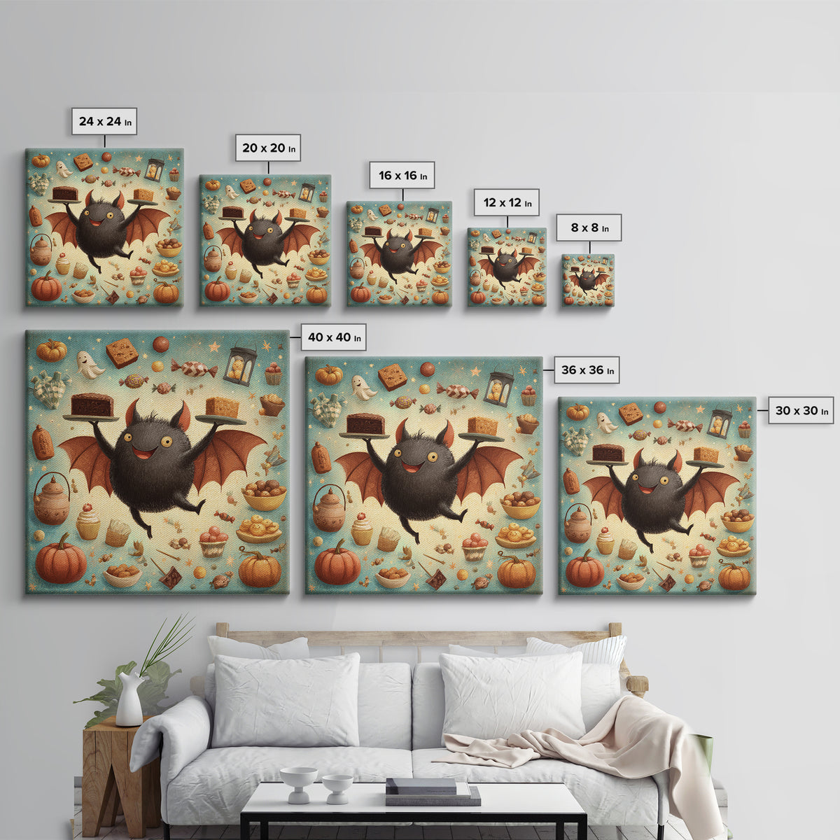 The Brownie Bat Bakery, Retro Halloween Art, Square Wall Art, Canvas Print, Cute Halloween Wall Art, Halloween Kids Decor