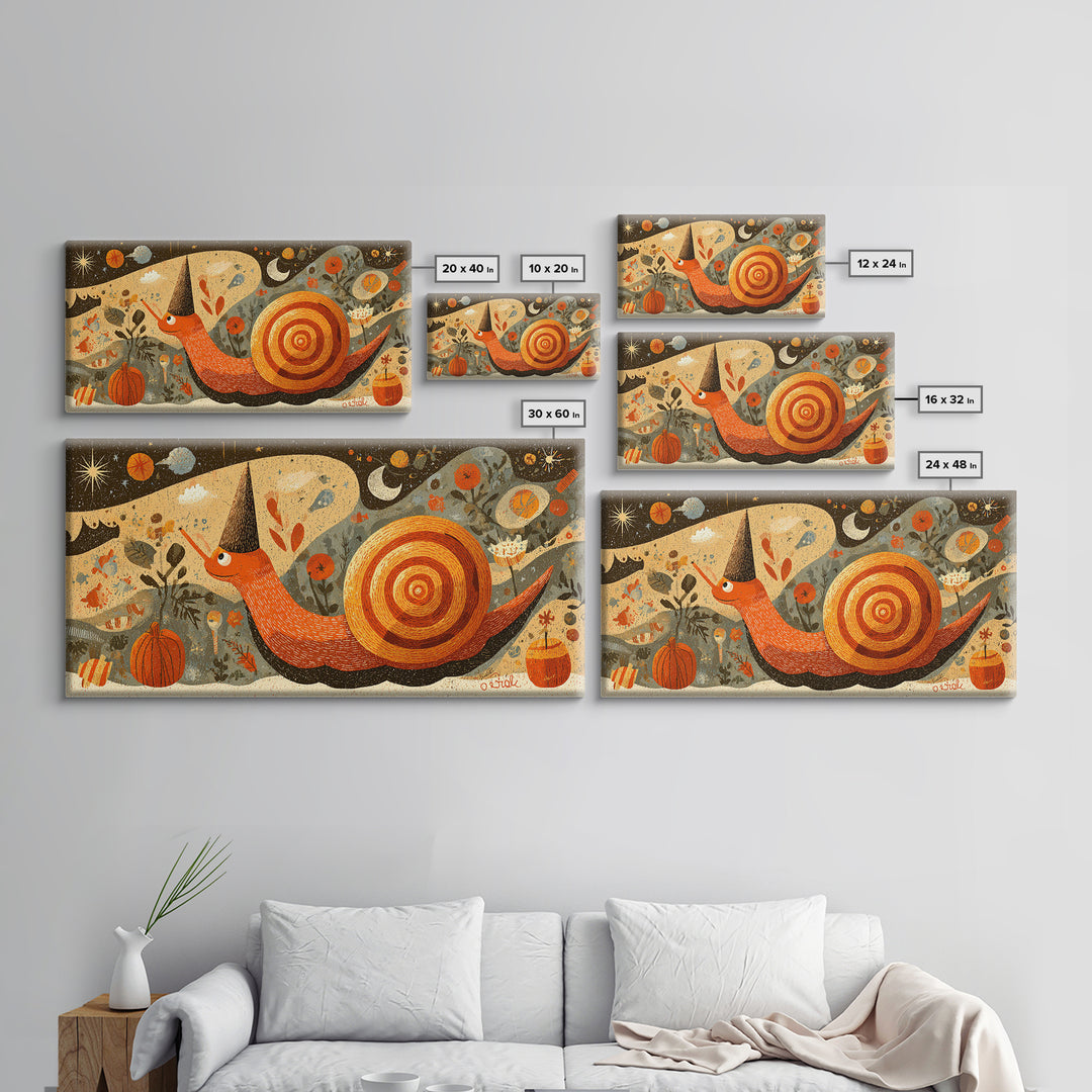 The Cinnamon-Roll Snail Witch, Screenprint Halloween Art, Wide Panoramic Art, Framed Canvas Print, Cute Halloween Wall Art