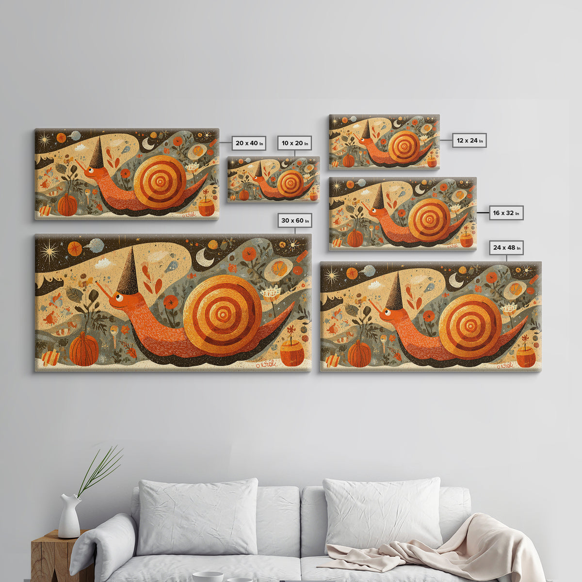 The Cinnamon-Roll Snail Witch, Screenprint Halloween Art, Wide Panoramic Art, Framed Canvas Print, Cute Halloween Wall Art