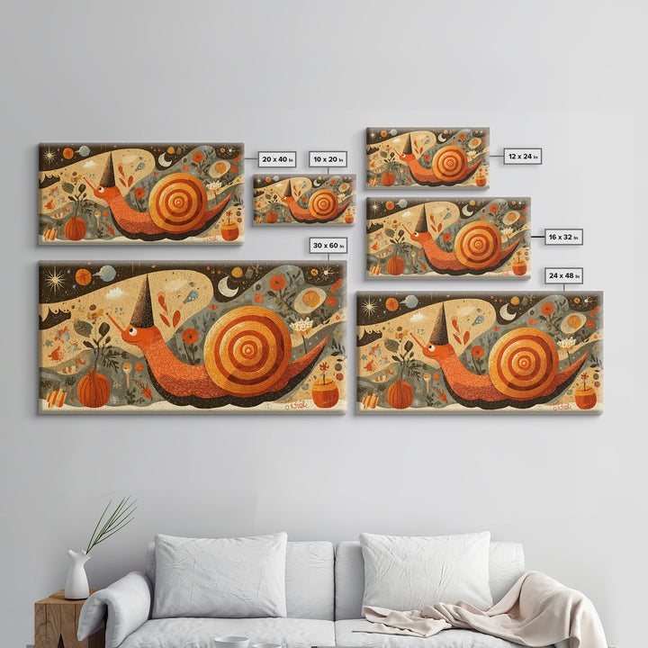 The Cinnamon-Roll Snail Witch, Screenprint Halloween Art, Wide Panoramic Art, Framed Canvas Print, Cute Halloween Wall Art