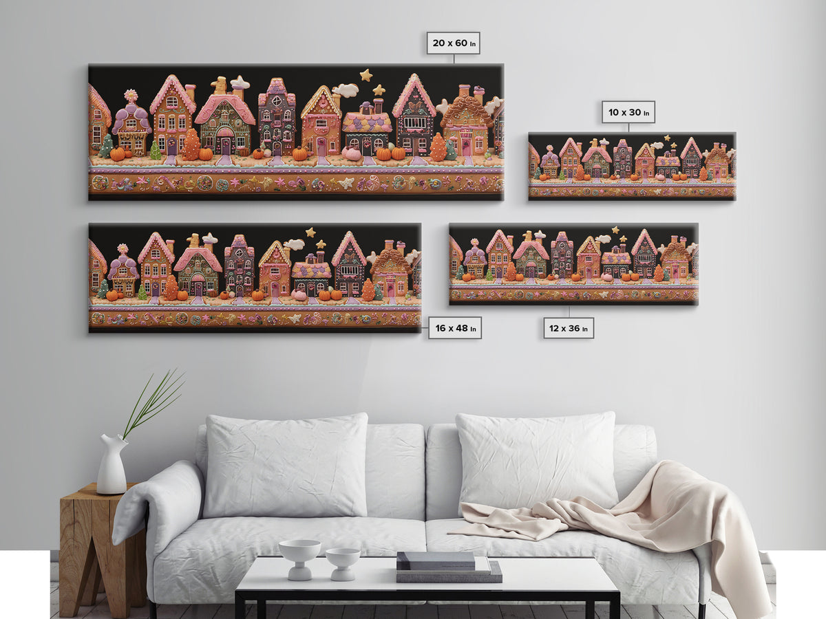 The Halloween Gingerbread Village, Folk Halloween Art, Extra Wide Wall Art, Canvas Print, Cute Halloween Wall Art