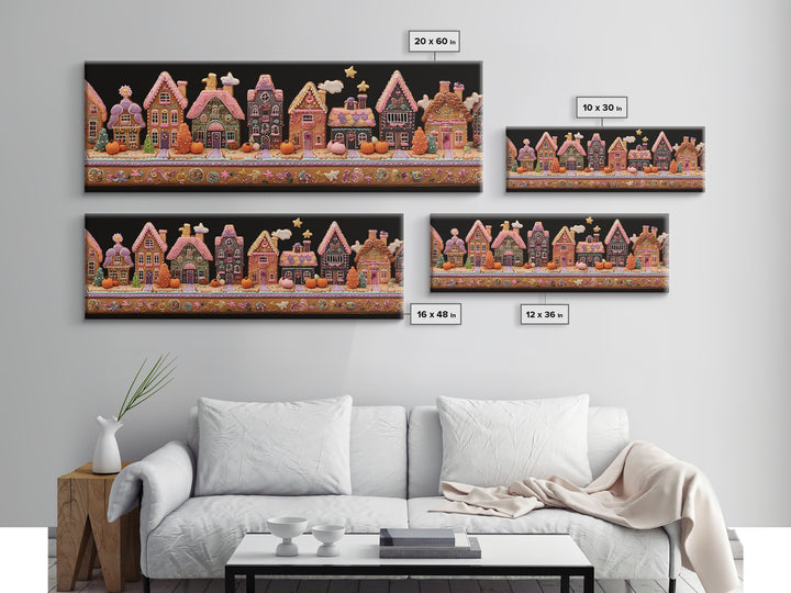 The Halloween Gingerbread Village, Folk Halloween Art, Extra Wide Wall Art, Canvas Print, Cute Halloween Wall Art