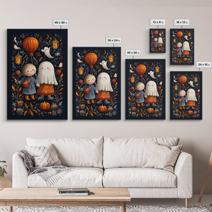 The Ghost Balloon Friend, Embroidered Halloween Art, Vertical Wall Art, Canvas Print, Cute Halloween Wall Art