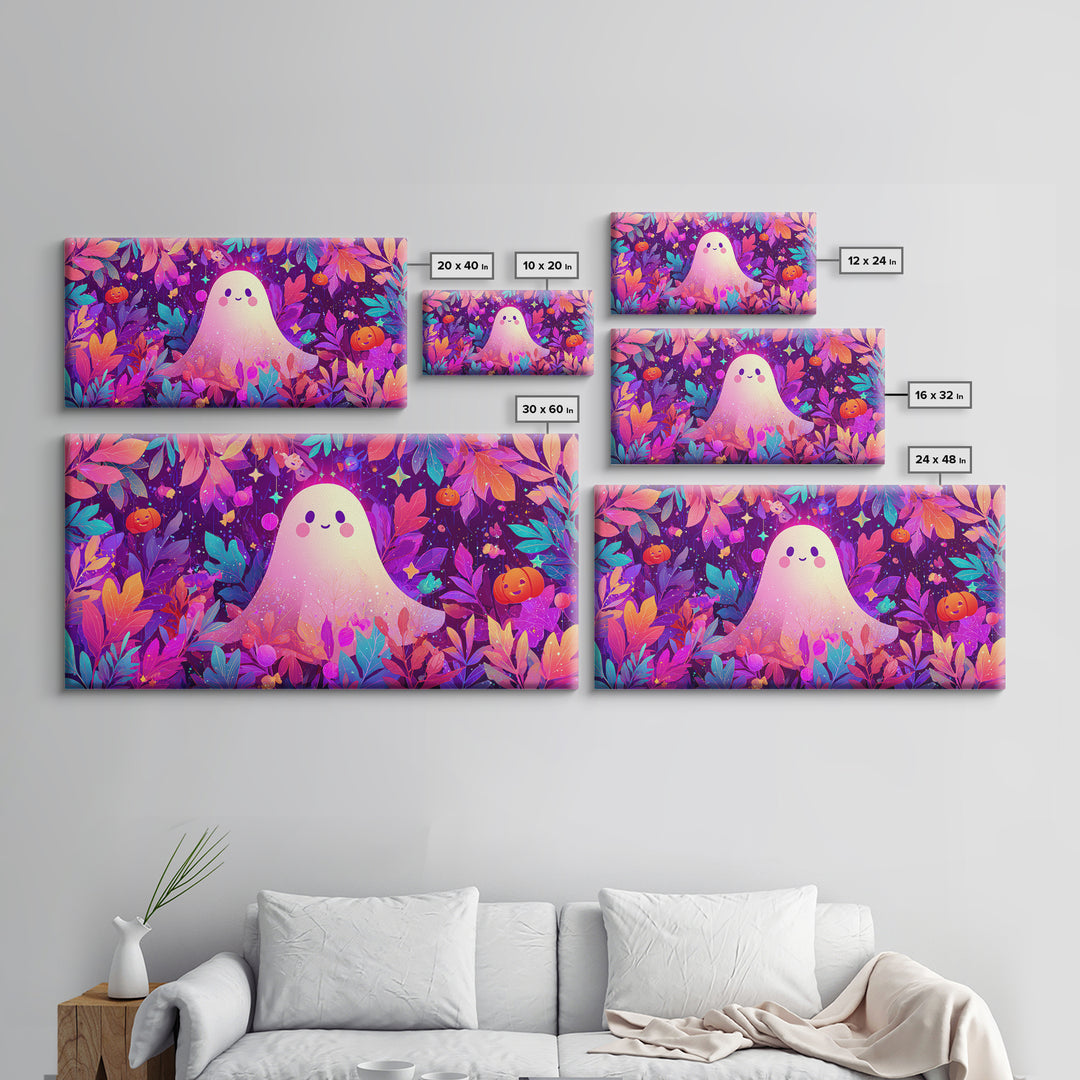 The Ghost With A Flower Crown, Vaporwave Halloween Art, Wide Panoramic Art, Framed Canvas Print, Cute Halloween Wall Art