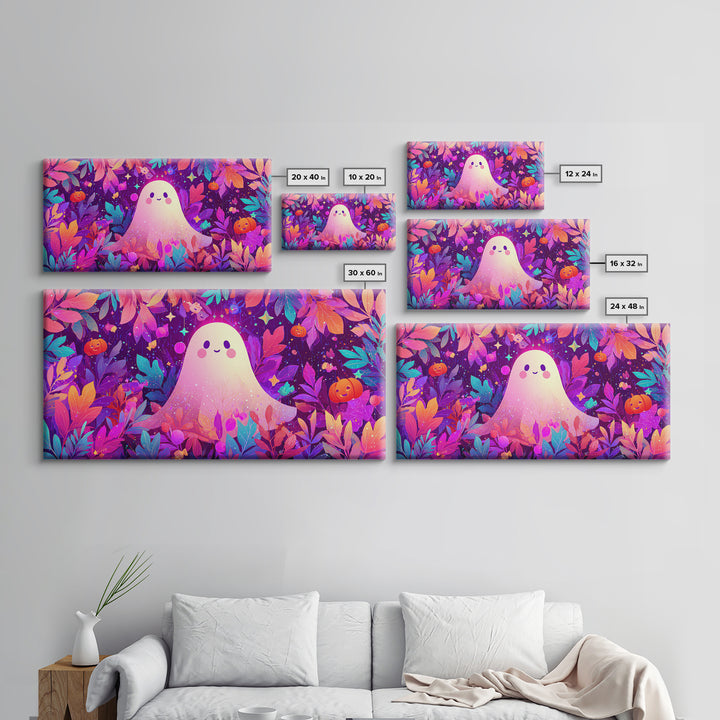 The Ghost With A Flower Crown, Vaporwave Halloween Art, Wide Panoramic Art, Framed Canvas Print, Cute Halloween Wall Art
