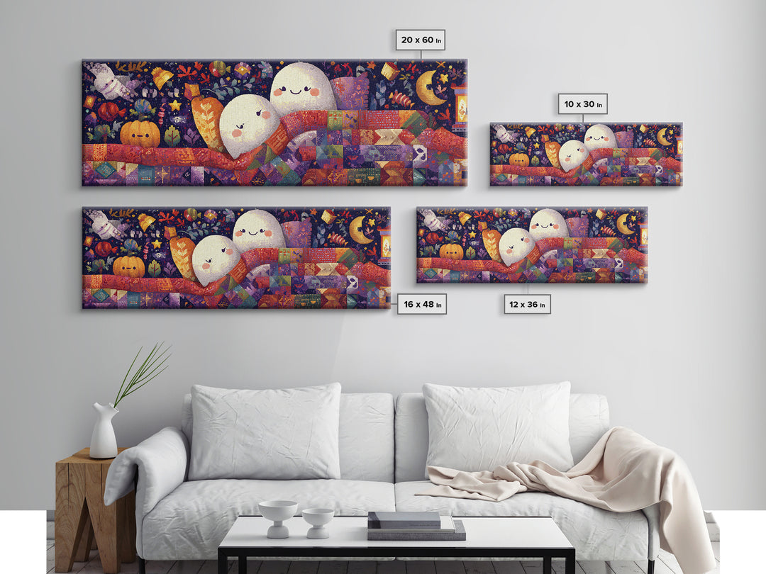 The Sleepy Blanket Ghost, Pixel Halloween Art, Extra Wide Wall Art, Canvas Print, Cute Halloween Wall Art