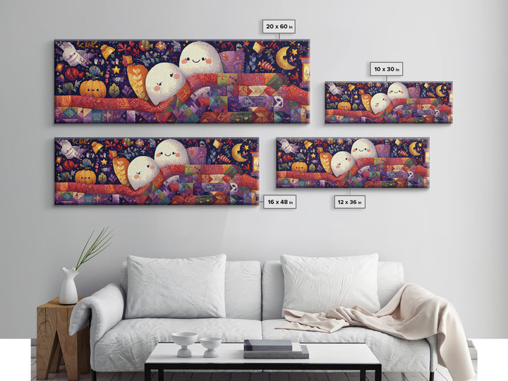 The Sleepy Blanket Ghost, Pixel Halloween Art, Extra Wide Wall Art, Canvas Print, Cute Halloween Wall Art