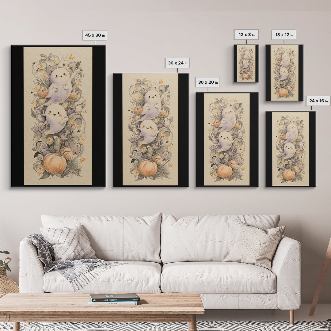 The Ghost And Firefly Friends, Hand Sketch Halloween Art, Vertical Wall Art, Canvas Print, Cute Halloween Wall Art