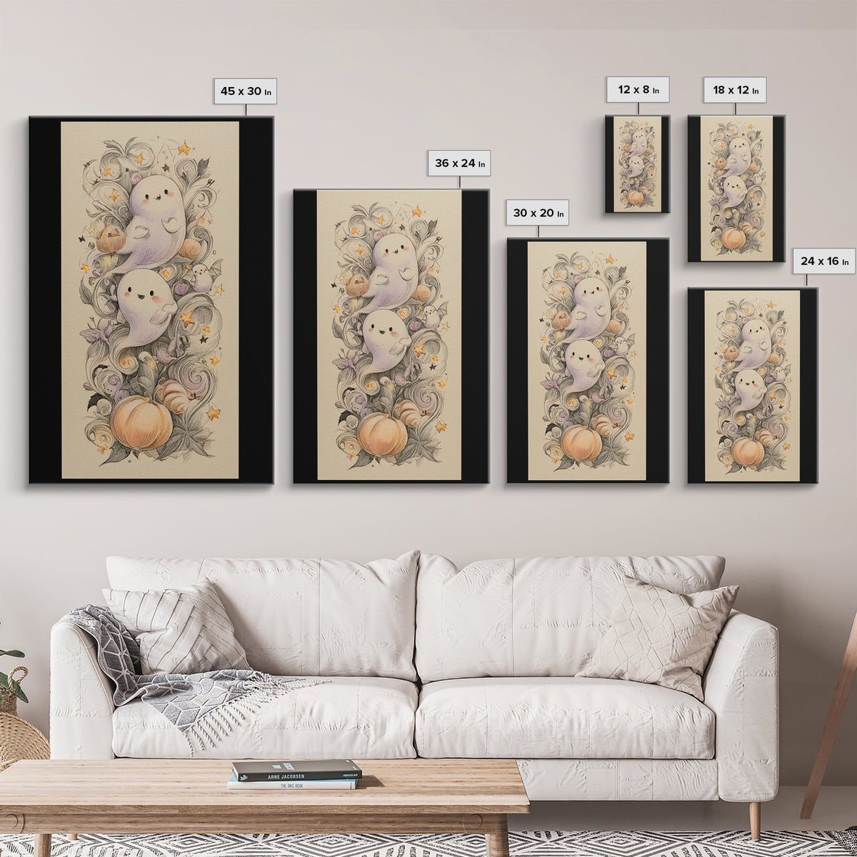The Ghost And Firefly Friends, Hand Sketch Halloween Art, Vertical Wall Art, Canvas Print, Cute Halloween Wall Art