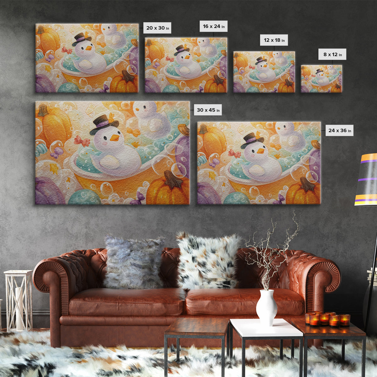 The Ghost Bubble Bath, Watercolor Halloween Art, Landscape Wall Art, Framed Canvas Print, Cute Halloween Wall Art