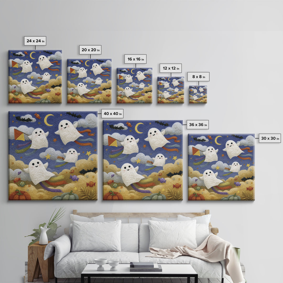 The Ghost Kite Festival, Gouache Halloween Art, Square Wall Art, Canvas Print, Cute Halloween Wall Art